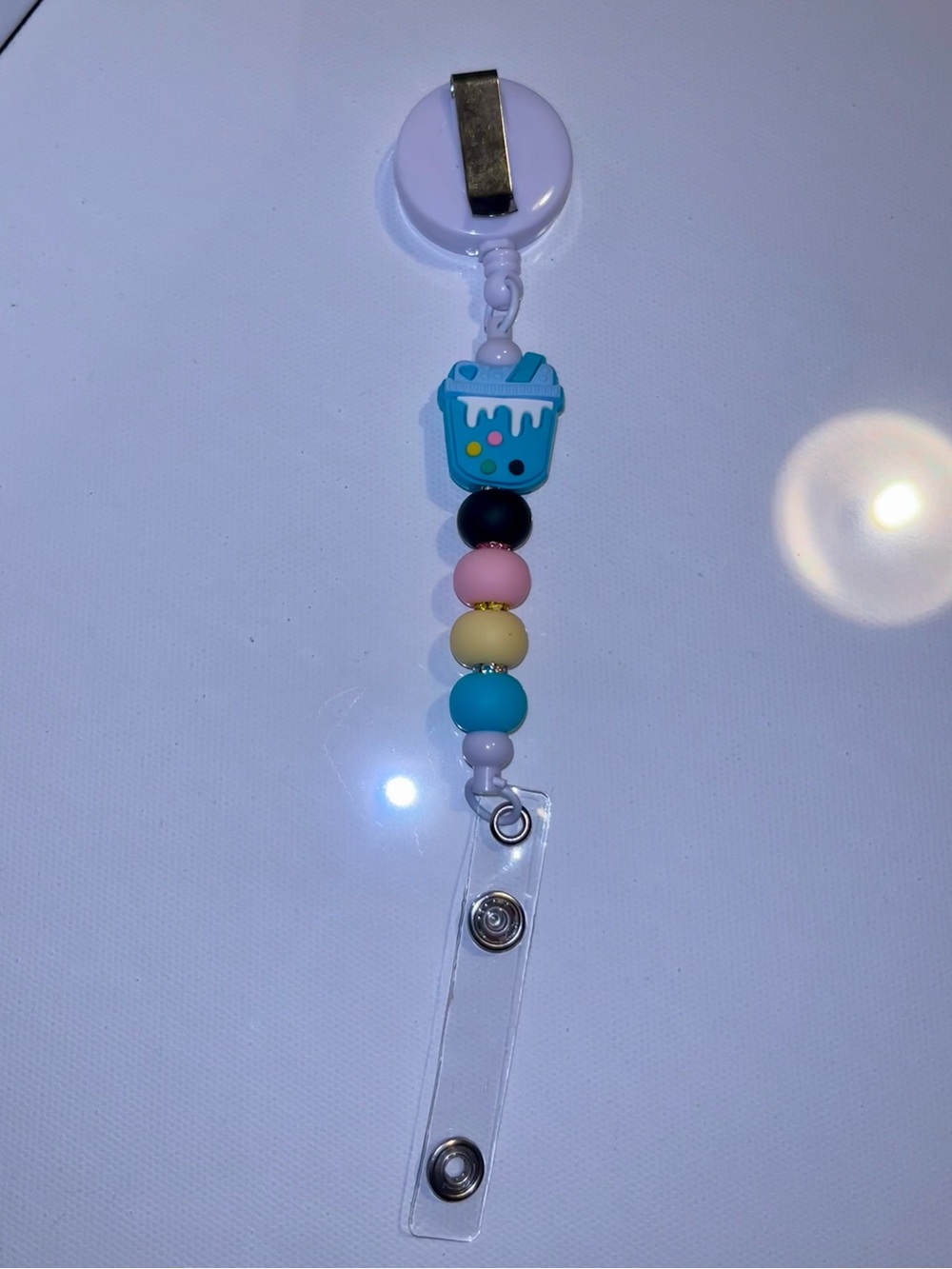 Cute Pastel Beaded Badge Reel with Bubble Tea Charm